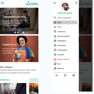 Atena mobile app menu and home